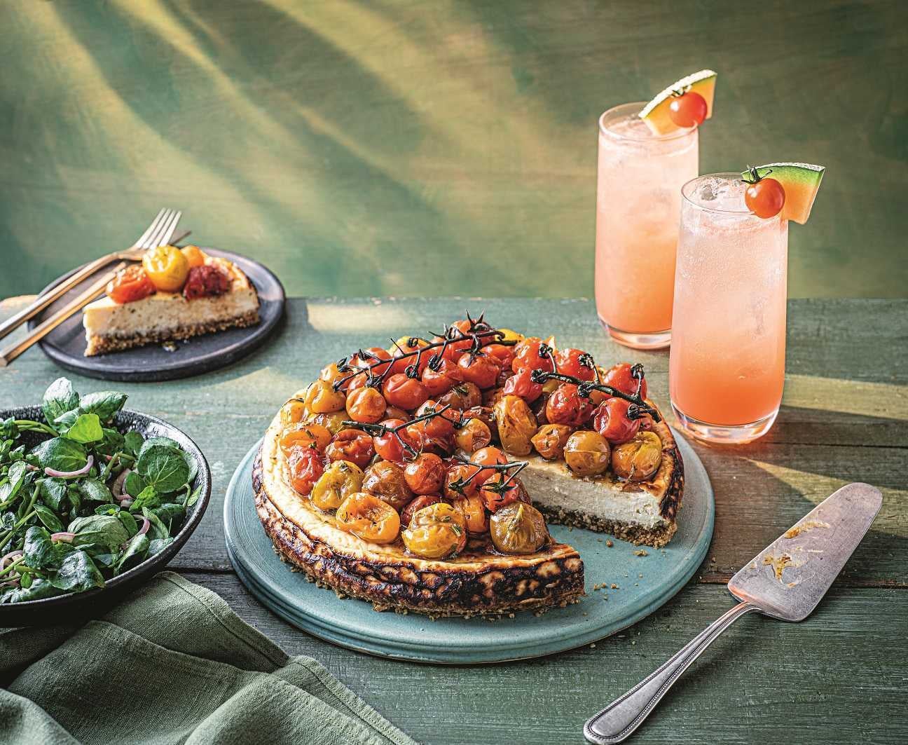 Savoury cheesecake? Trust us – it’s creamy, nutty and topped with jammy tomatoes, a total knockout