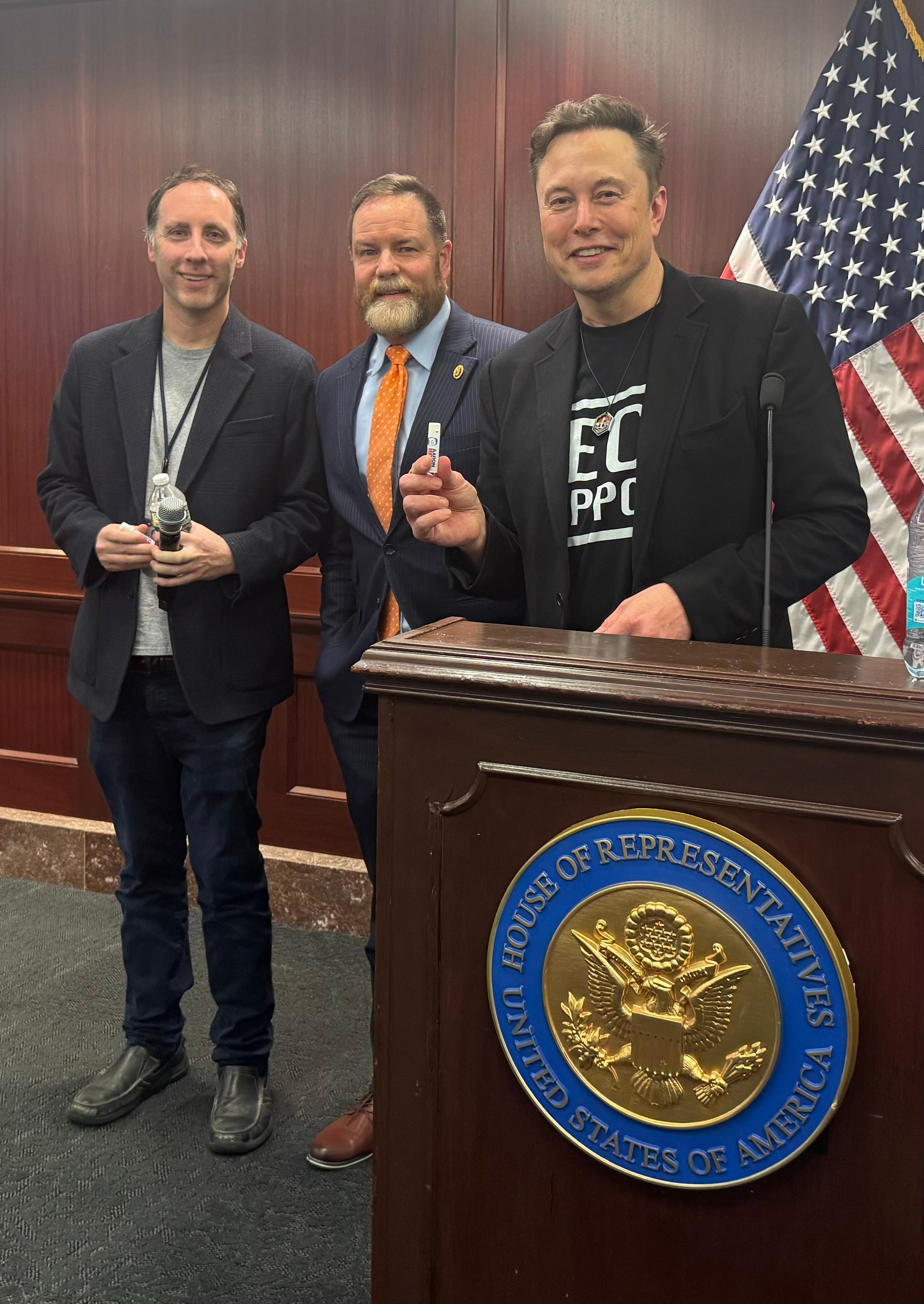 Steve Davis (left) poses for a picture alongside Rep. Aaron Bean and Elon Musk. Davis served as the chief executive officer at DOGE