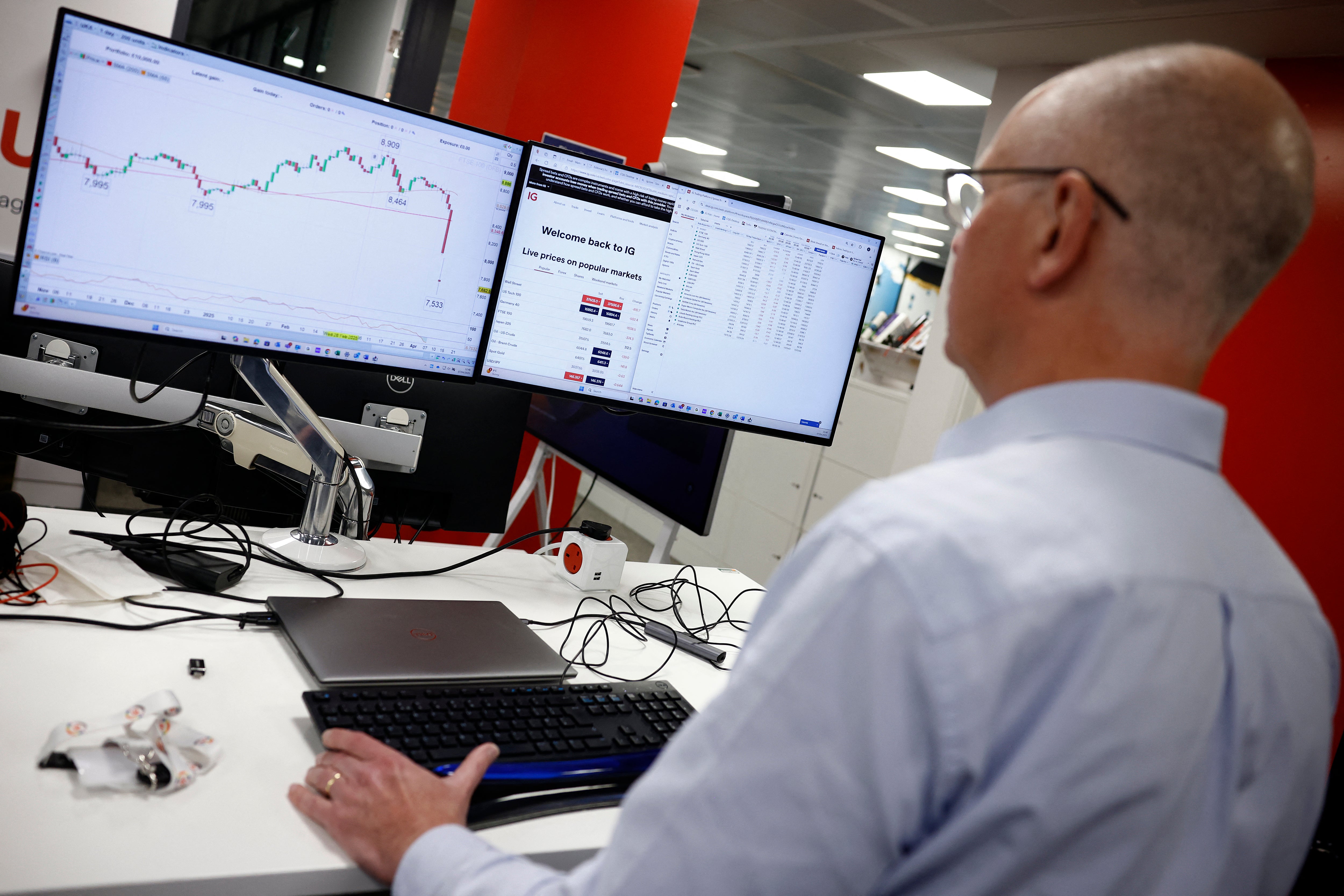 A senior analyst monitors a screen displaying the FTSE 100 index at IG Group in London on Monday