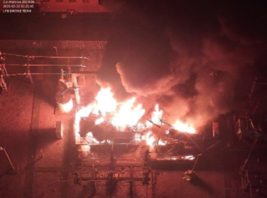 Closedown blaze: A transformer on fire at North Hyde substation in west London, which triggered the closure of nearby Heathrow airport