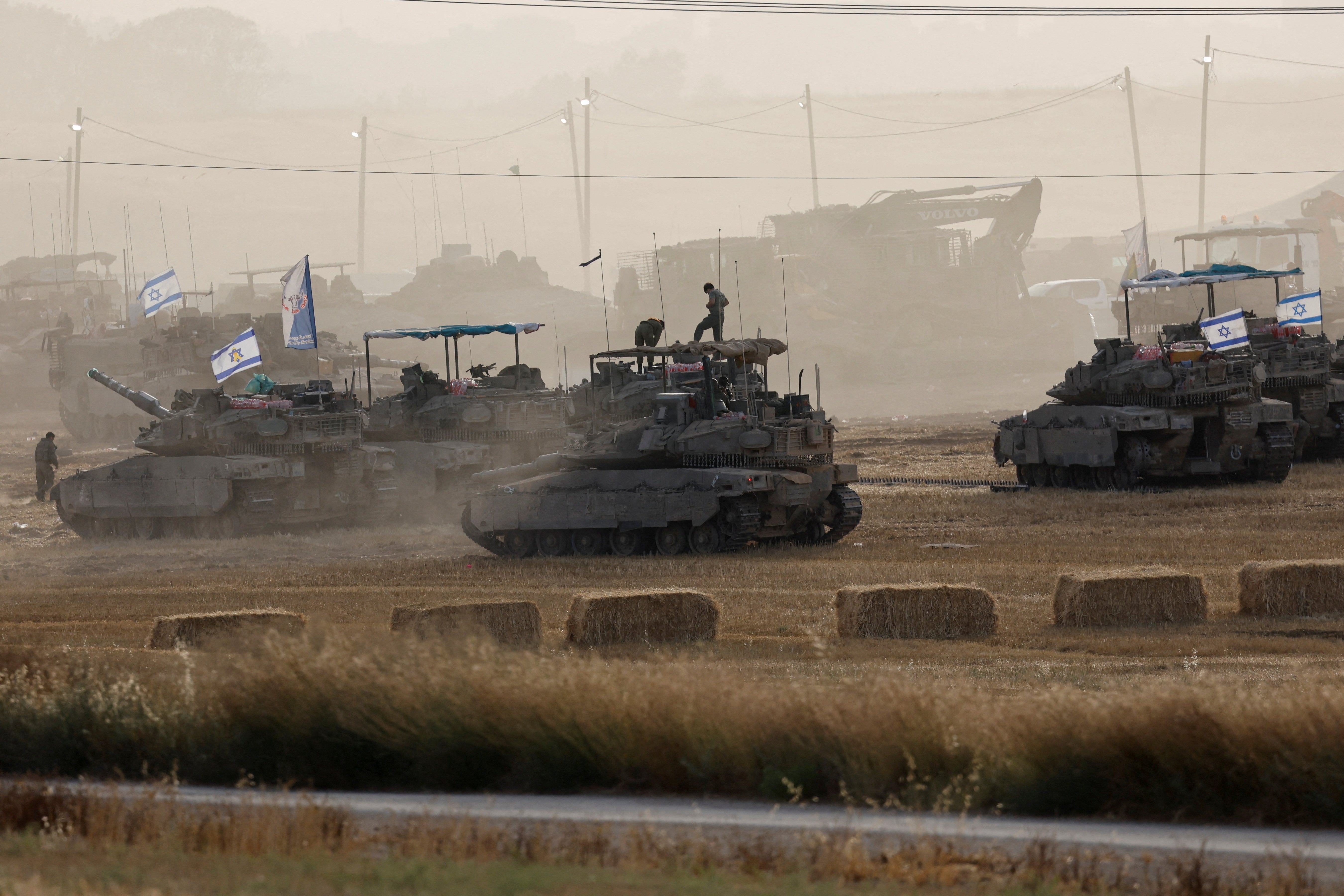 A view shows Israeli military vehicles near the Israel-Gaza border