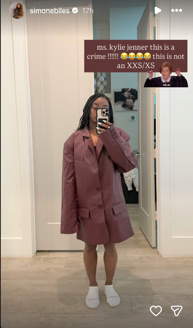 Simone Biles says the sizing of jacket from Kylie Jenner’s brand is ‘a crime’