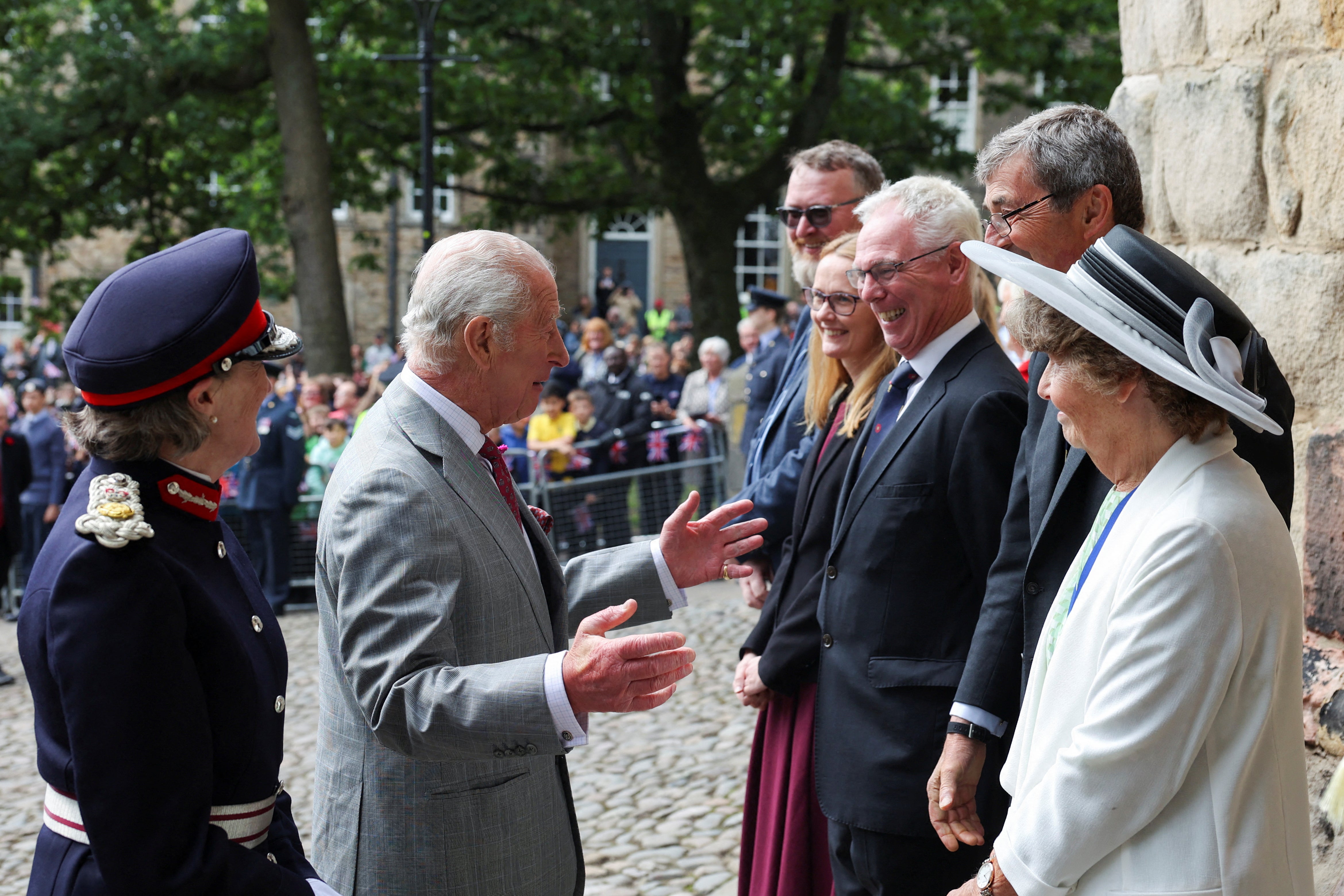 King Charles III and The Duke of Lancaster, greets dignitaries as he arrives for the Ceremony of the Keys at Lancaster Castle, in Lancaster, north-west England